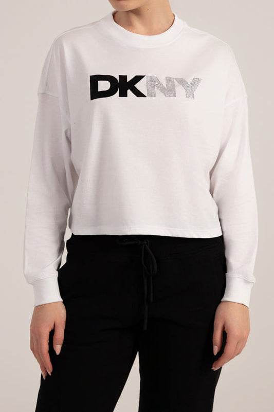 تي شيرت بأكمام طويلة مع شعار لامع وأحجار مرصعة