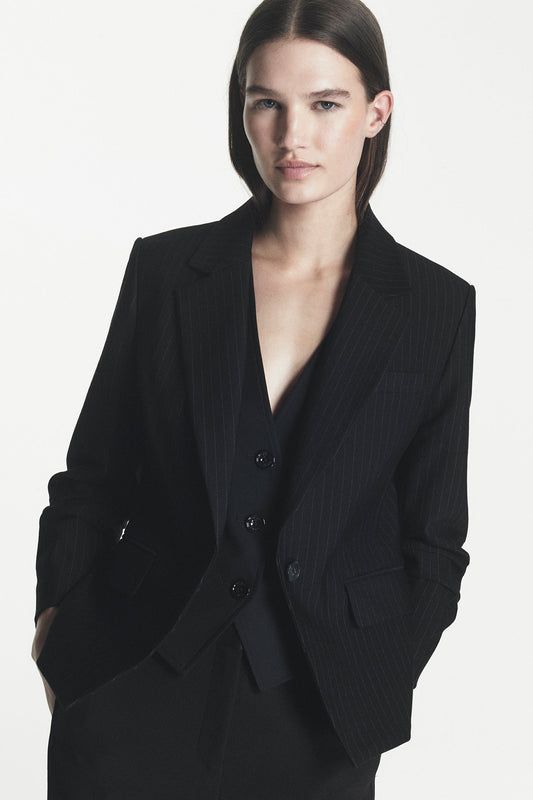 Pinstripe Ruched-Sleeve Blazer