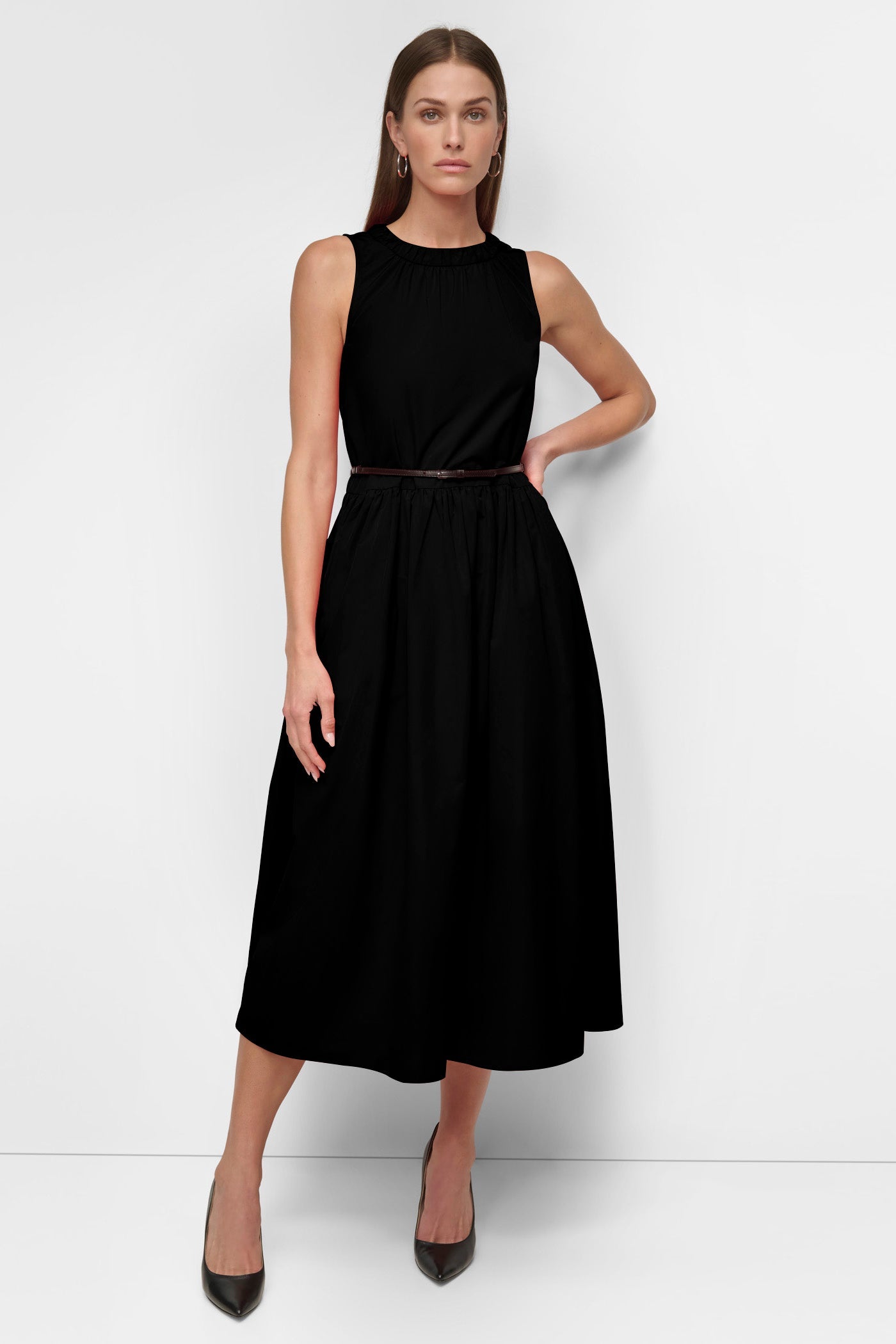 SLEEVELESS SHIRRING NECK MIDI DRESS