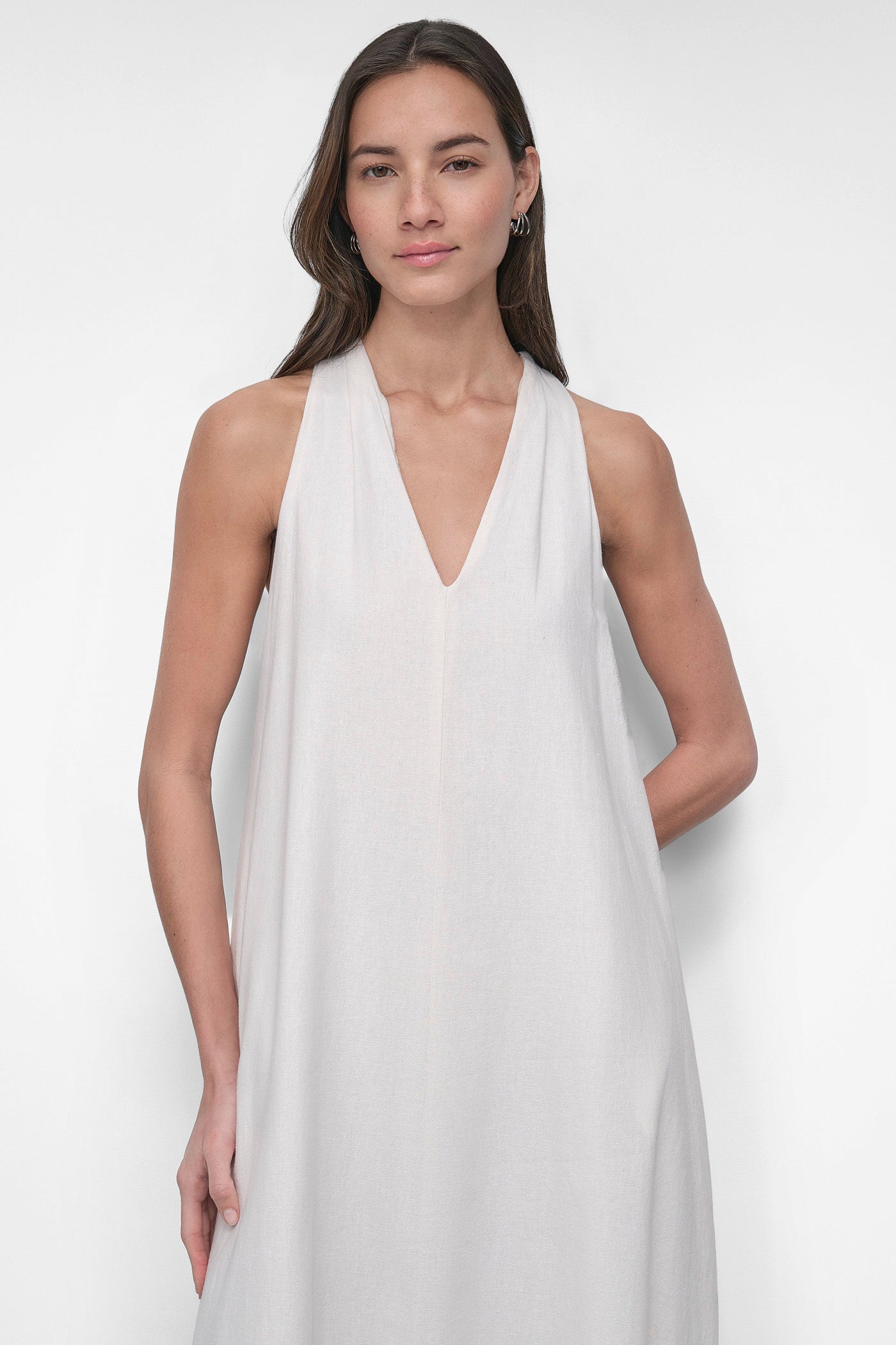 DKNY Sleeveless Linen Midi Dress WHITE