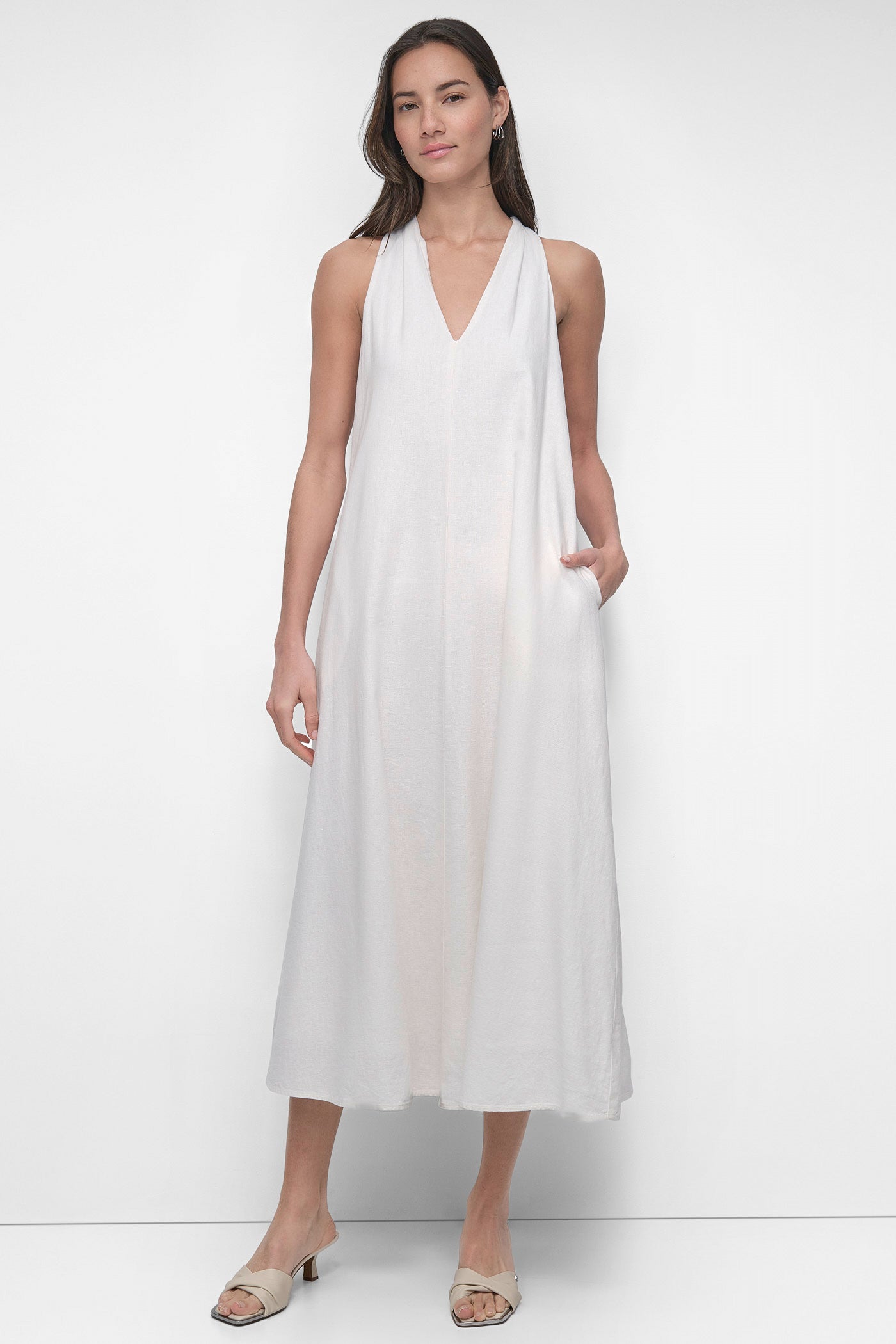 DKNY Sleeveless Linen Midi Dress WHITE