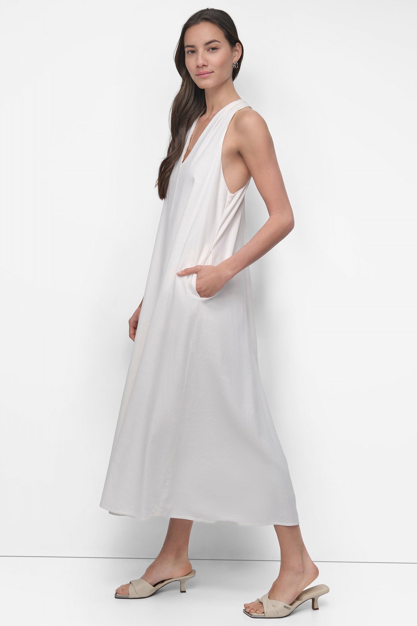 DKNY Sleeveless Linen Midi Dress WHITE