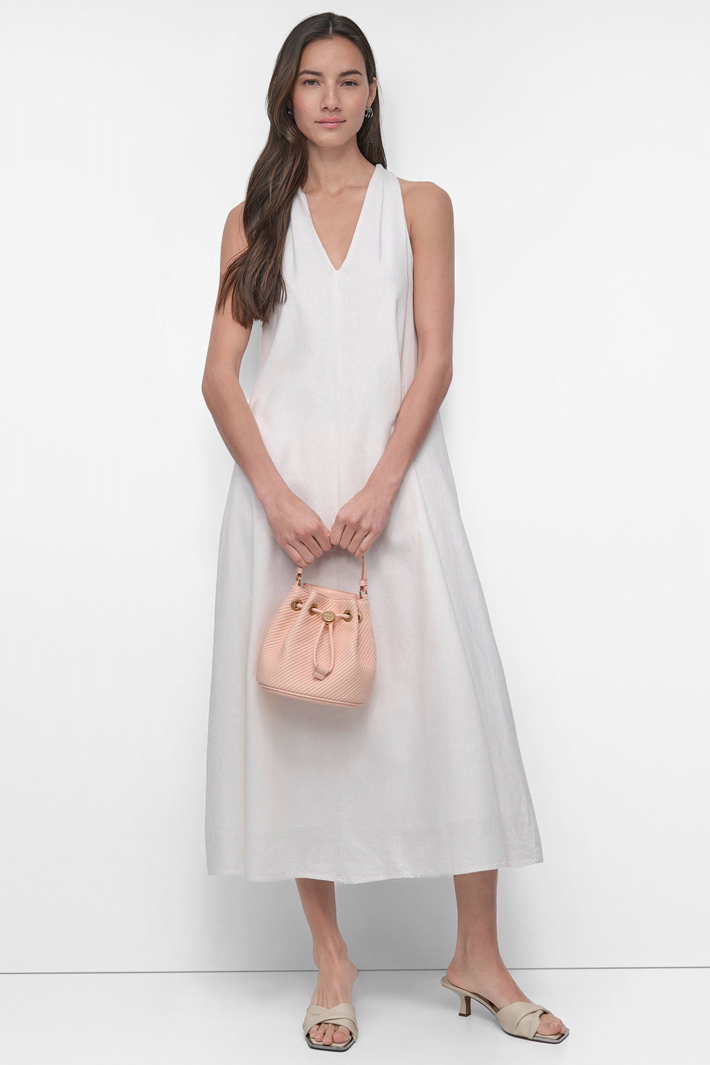 DKNY Sleeveless Linen Midi Dress WHITE