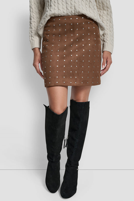 EMBELLISHED FAUX SUEDE SKIRT