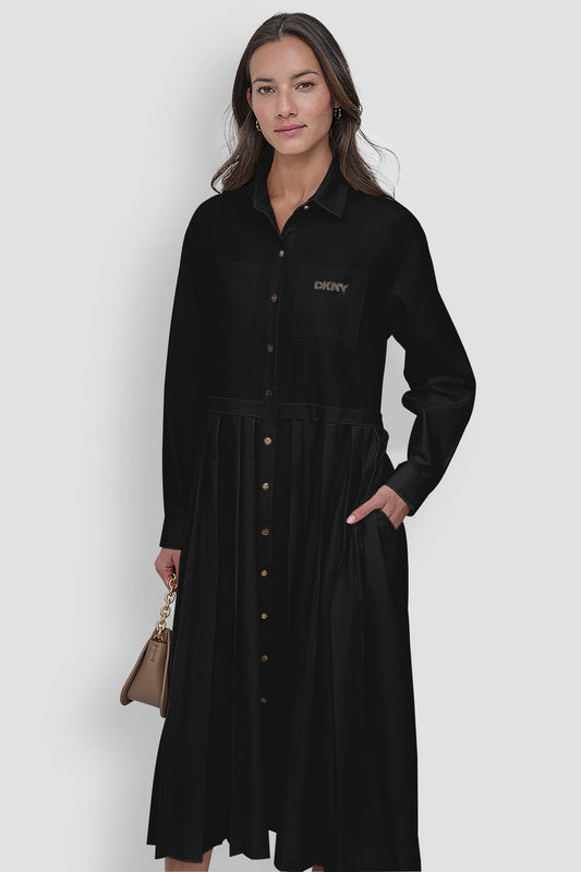 LONG SLEEVE BUTTON DOWN DRESS WITH PLEATS