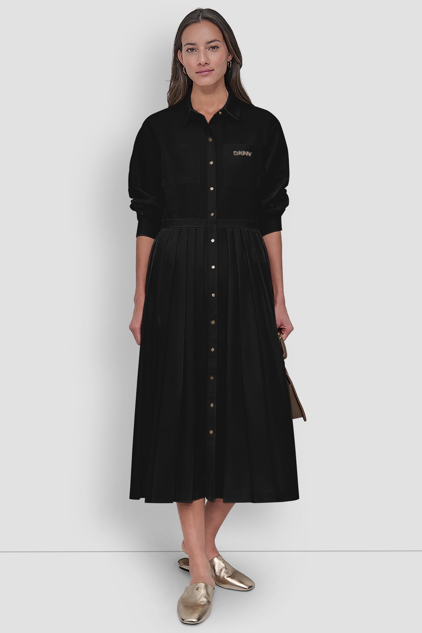 LONG SLEEVE BUTTON DOWN DRESS WITH PLEATS