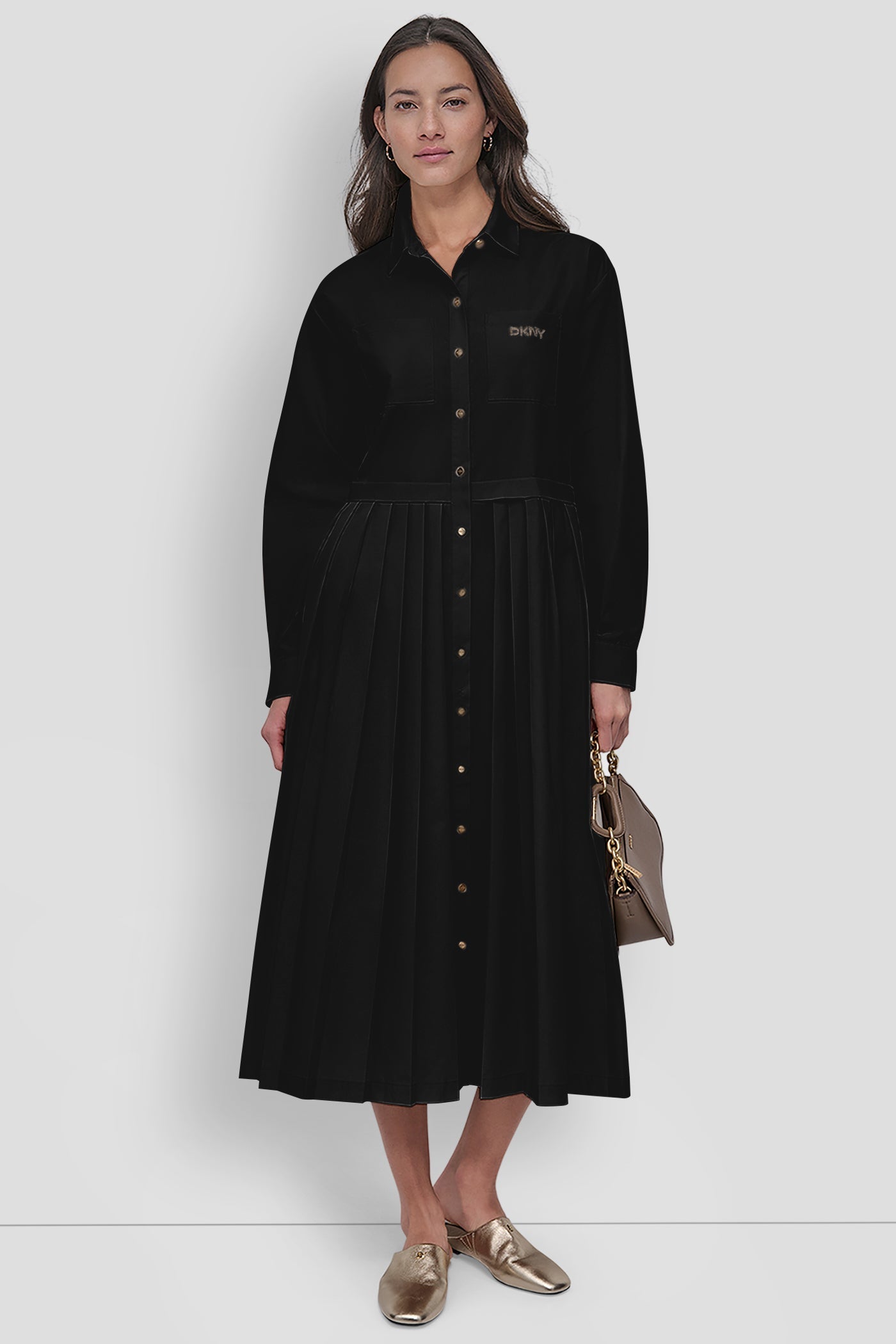 LONG SLEEVE BUTTON DOWN DRESS WITH PLEATS