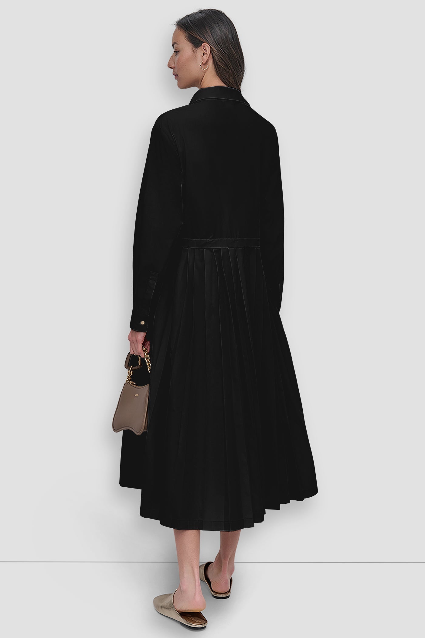 LONG SLEEVE BUTTON DOWN DRESS WITH PLEATS