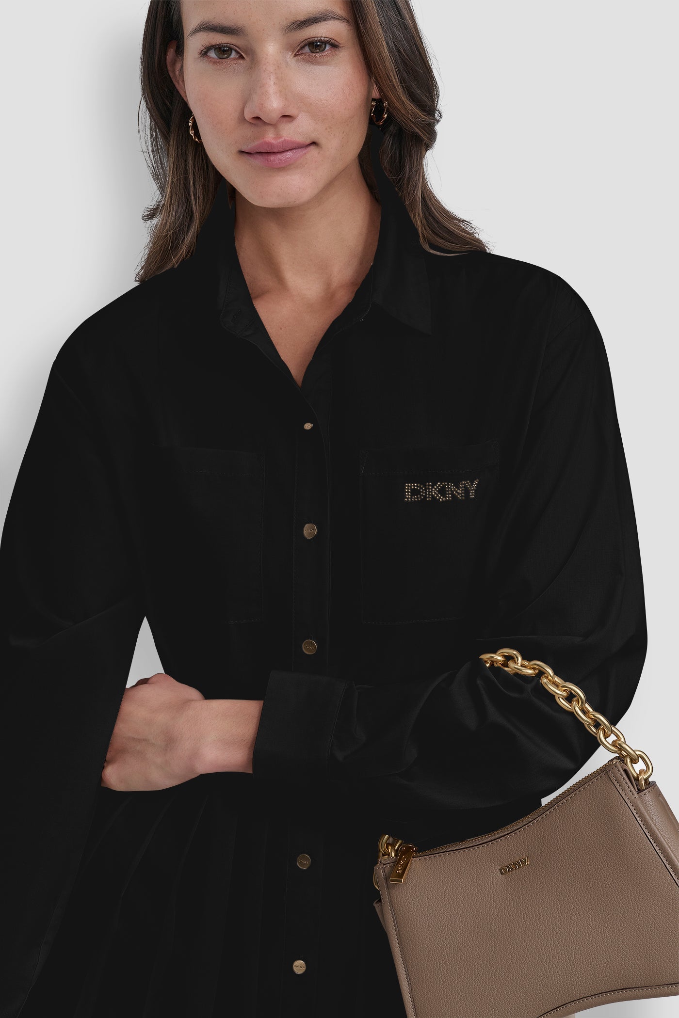 LONG SLEEVE BUTTON DOWN DRESS WITH PLEATS