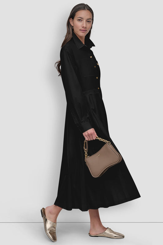 LONG SLEEVE BUTTON DOWN DRESS WITH PLEATS