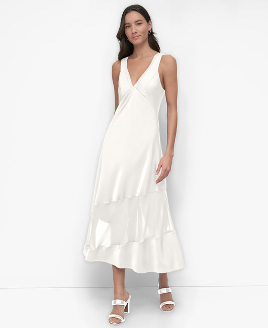 SLEEVELESS V-NECK ASYMMETRIC DRESS