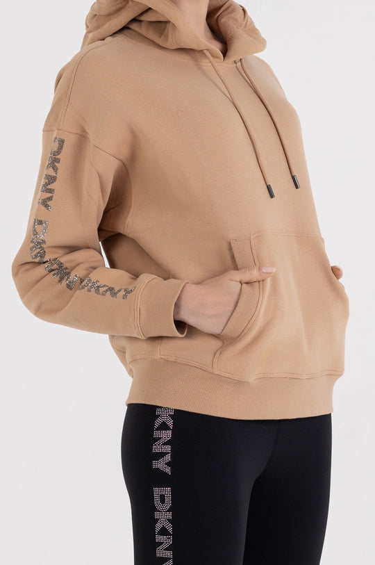 LONG SLEEVE CREW NECK RHINESTONE LOGO HOODIE WITH KANGA POCKET