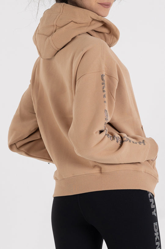 LONG SLEEVE CREW NECK RHINESTONE LOGO HOODIE WITH KANGA POCKET