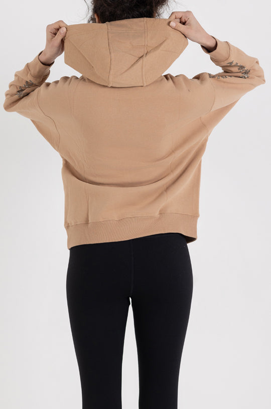 LONG SLEEVE CREW NECK RHINESTONE LOGO HOODIE WITH KANGA POCKET