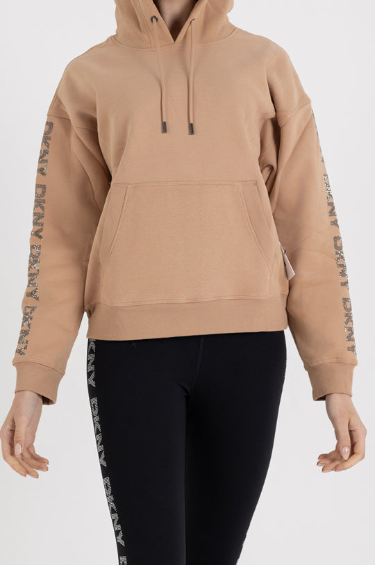 LONG SLEEVE CREW NECK RHINESTONE LOGO HOODIE WITH KANGA POCKET