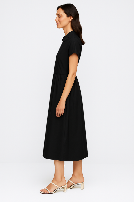 SHORT-SLEEVED BUTTON DOWN A-LINE DRESS