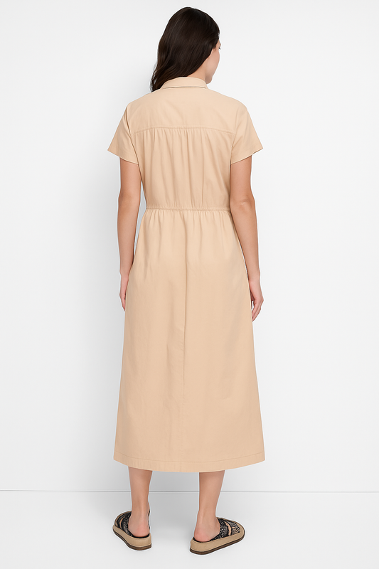 SHORT-SLEEVED BUTTON DOWN A-LINE DRESS