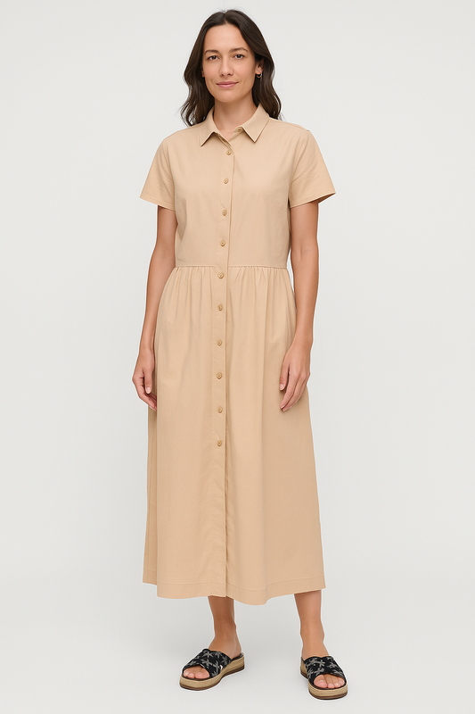 SHORT-SLEEVED BUTTON DOWN A-LINE DRESS