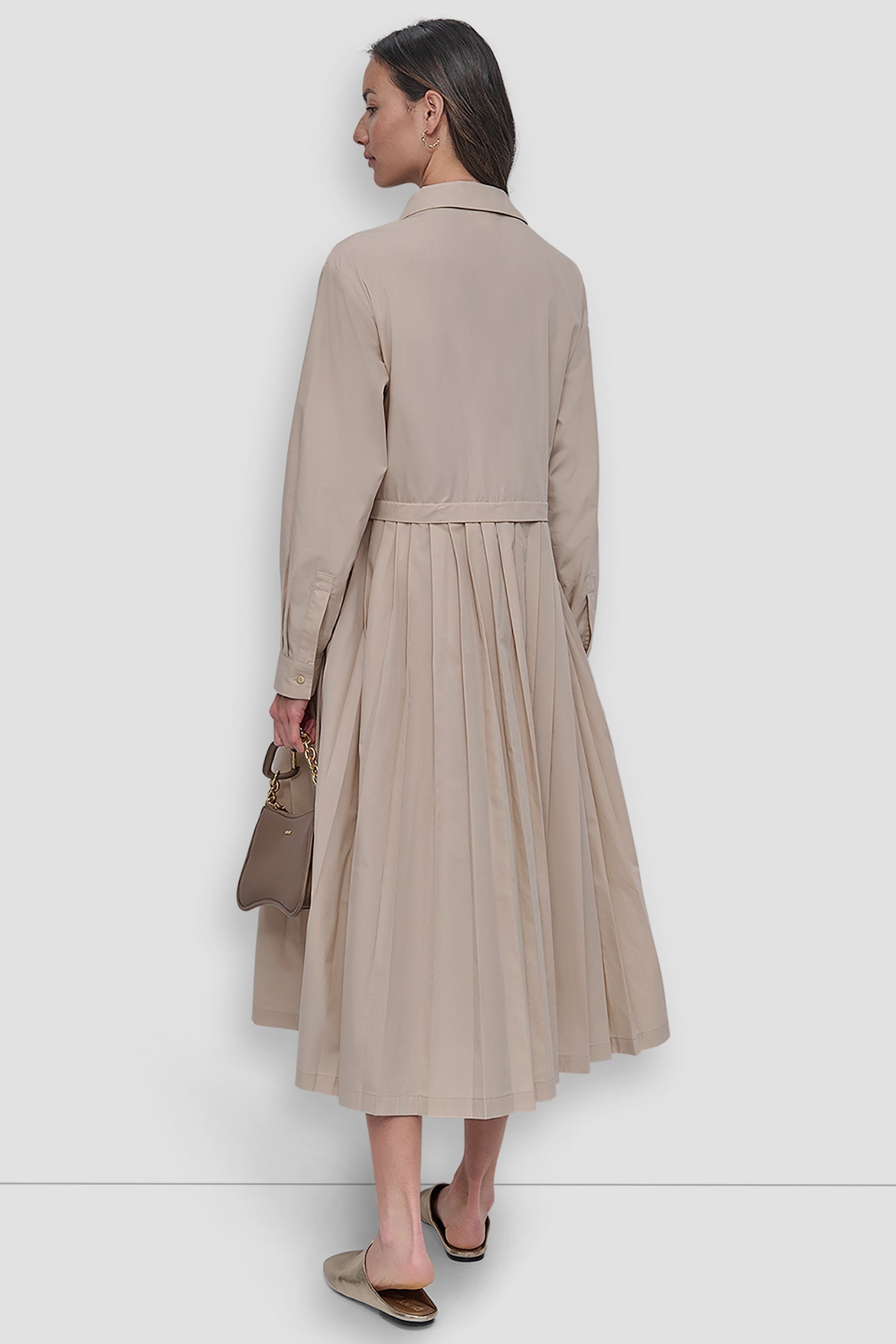 LONG SLEEVE BUTTON DOWN DRESS WITH PLEATS