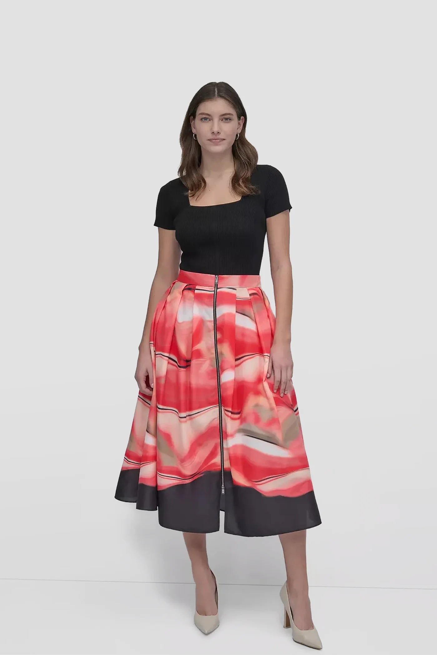 FRONT ZIP BORDER PRINT SKIRT