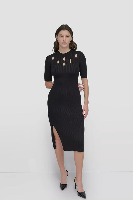 SHORT SLEEVE GRATED YOKE KNIT DRESS