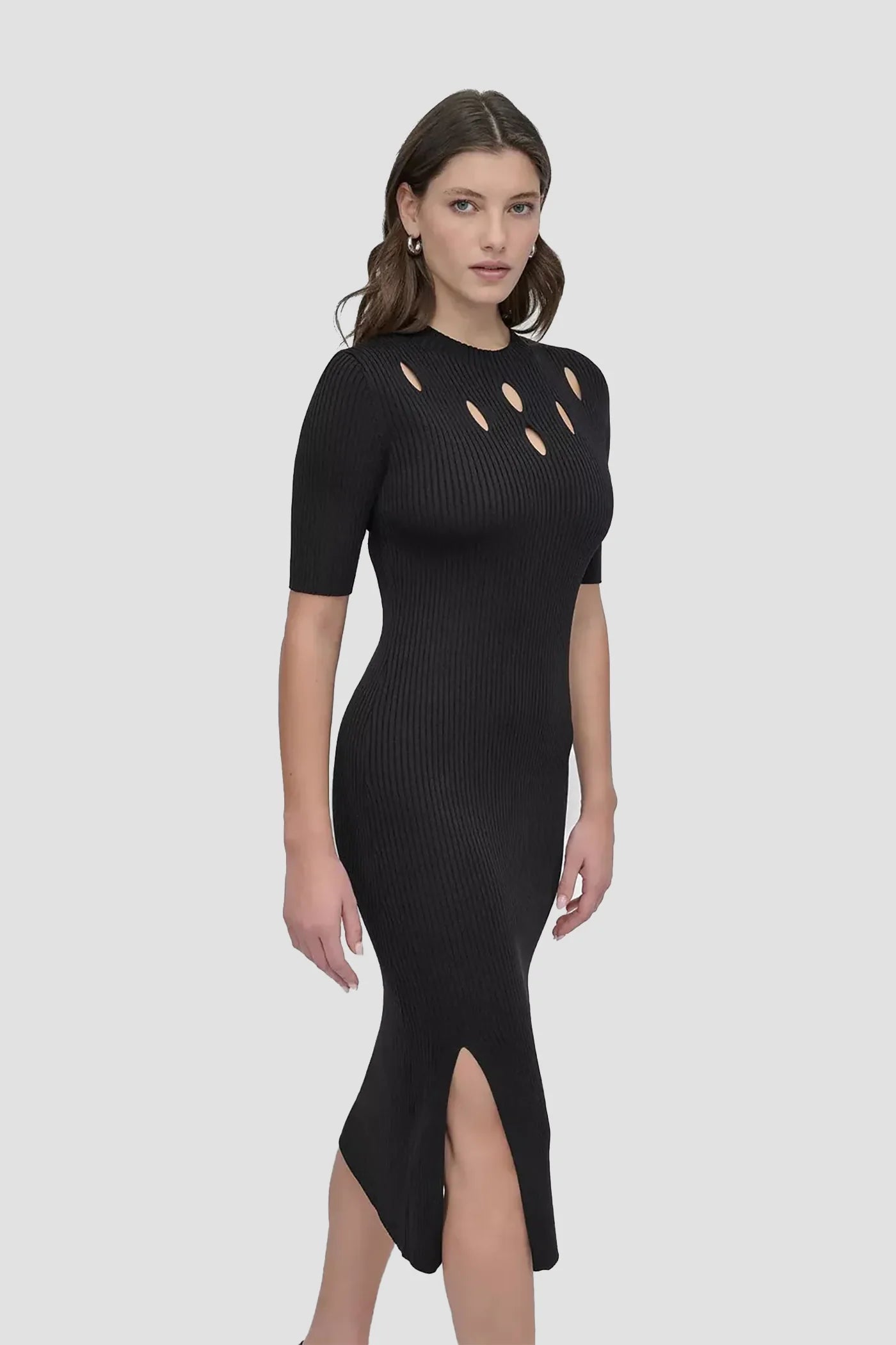 SHORT SLEEVE GRATED YOKE KNIT DRESS