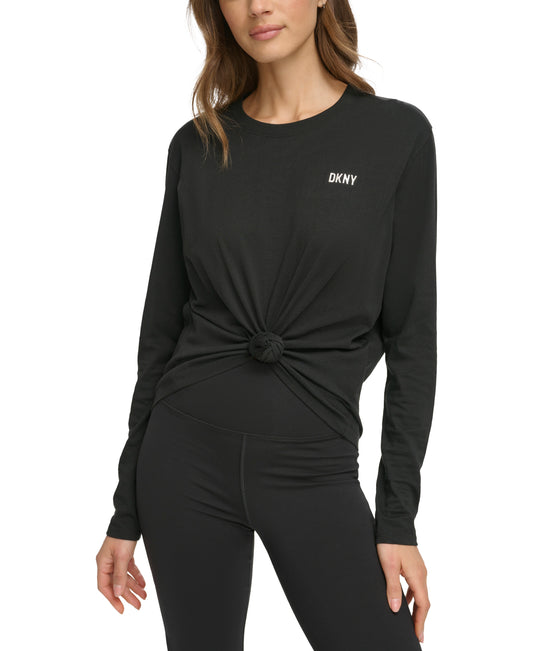 Black Long Sleeve Crew Neck Knot Front T-Shirt With Logo