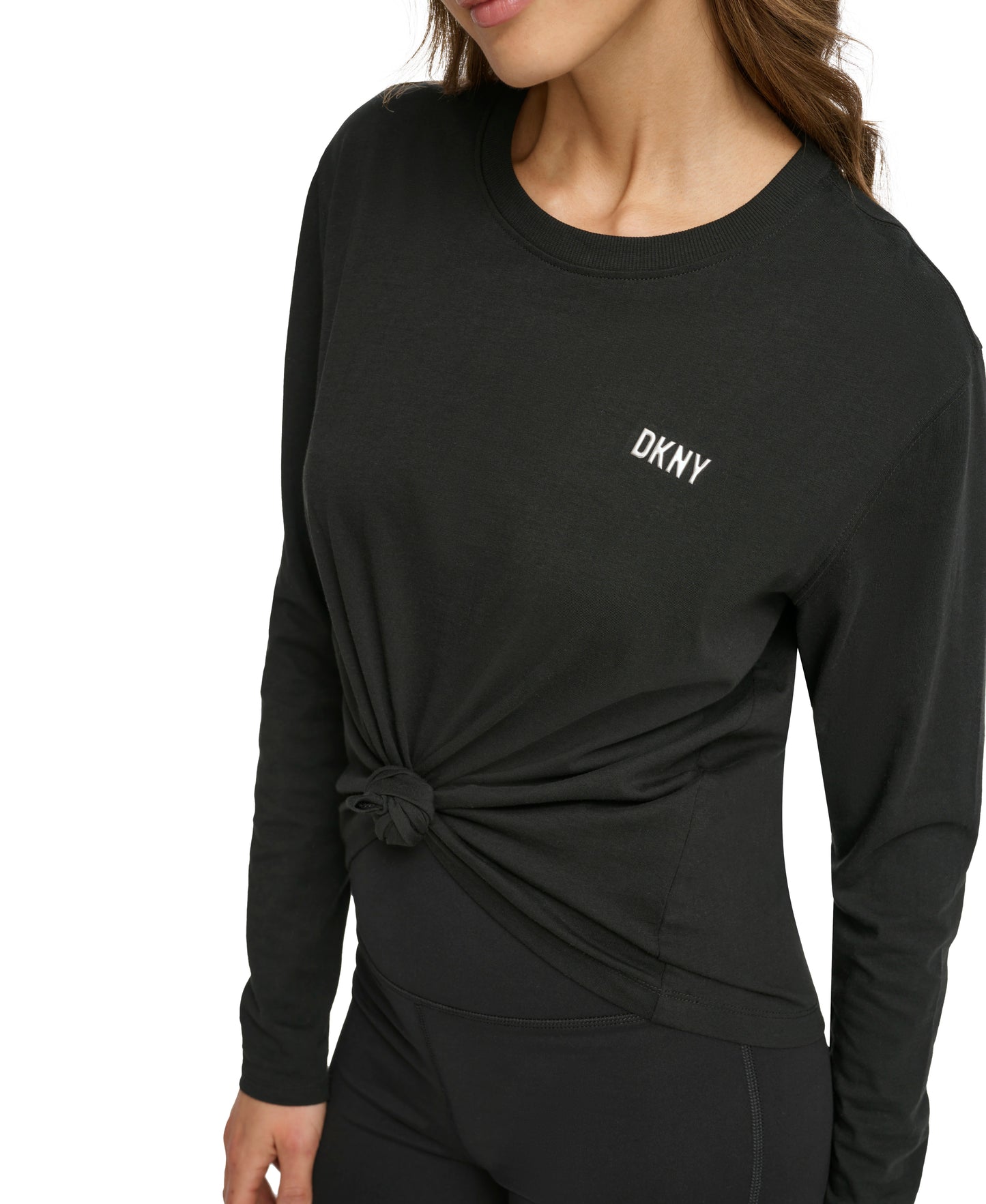 Black Long Sleeve Crew Neck Knot Front T-Shirt With Logo