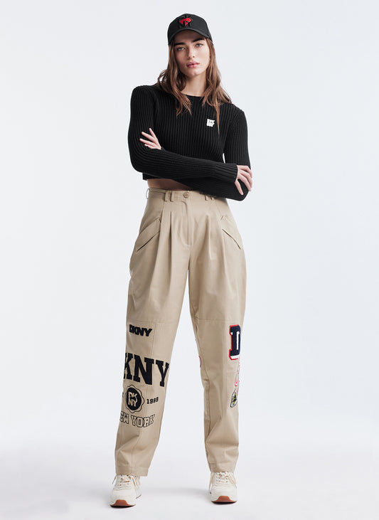 Straight Pants With Logo Patch And Embroidery