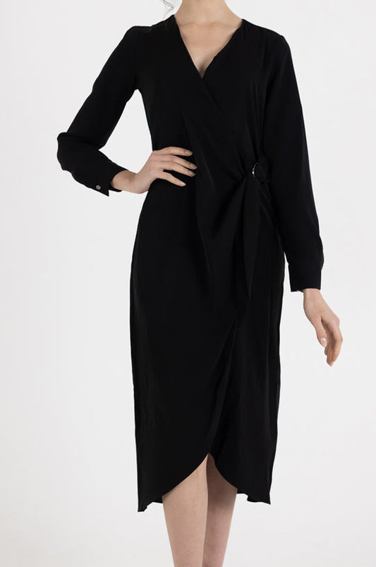 LONG SLEEVE V NECK ASMMETRIC MIDI DRESS