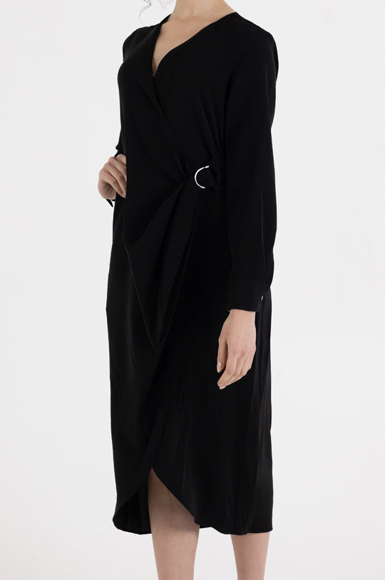 LONG SLEEVE V NECK ASMMETRIC MIDI DRESS