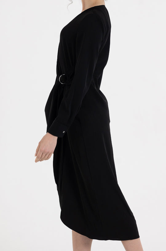 LONG SLEEVE V NECK ASMMETRIC MIDI DRESS