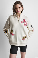 OVERSIZED COTTON-BLEND CAMPUS PATCH QUARTER-ZIP SWEATSHIRT