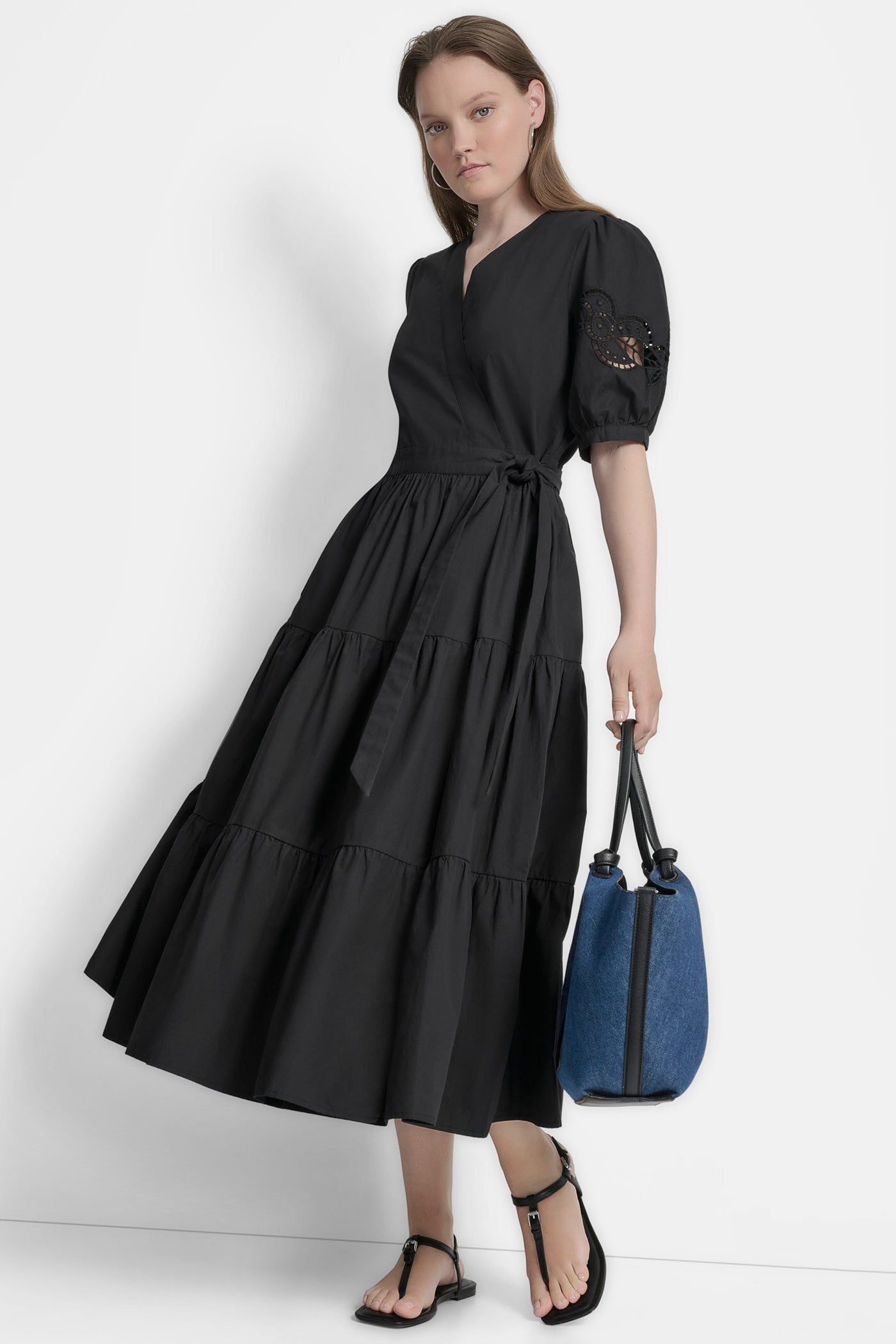 SHORT SLEEVE  TIERED POPLIN LONG DRESS