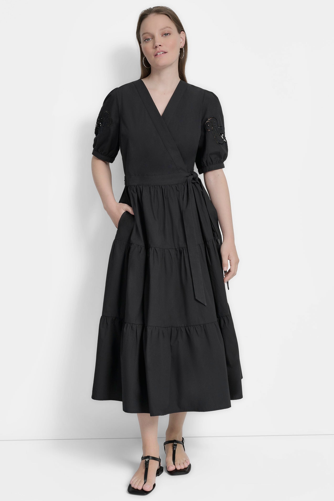 SHORT SLEEVE  TIERED POPLIN LONG DRESS