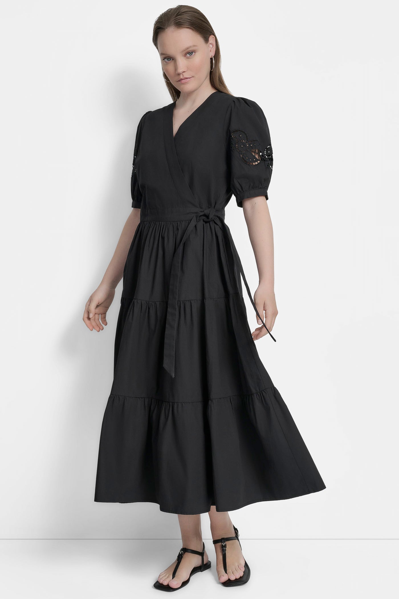 SHORT SLEEVE  TIERED POPLIN LONG DRESS