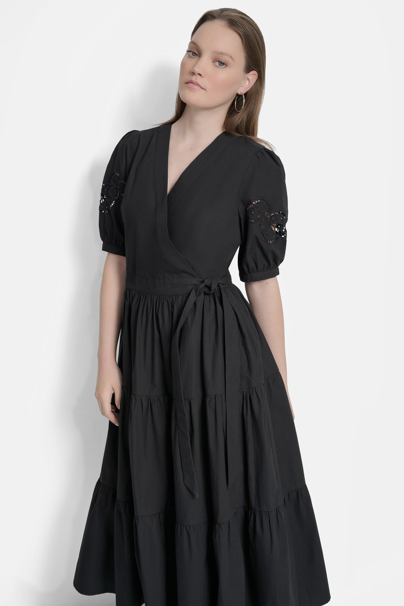 SHORT SLEEVE  TIERED POPLIN LONG DRESS