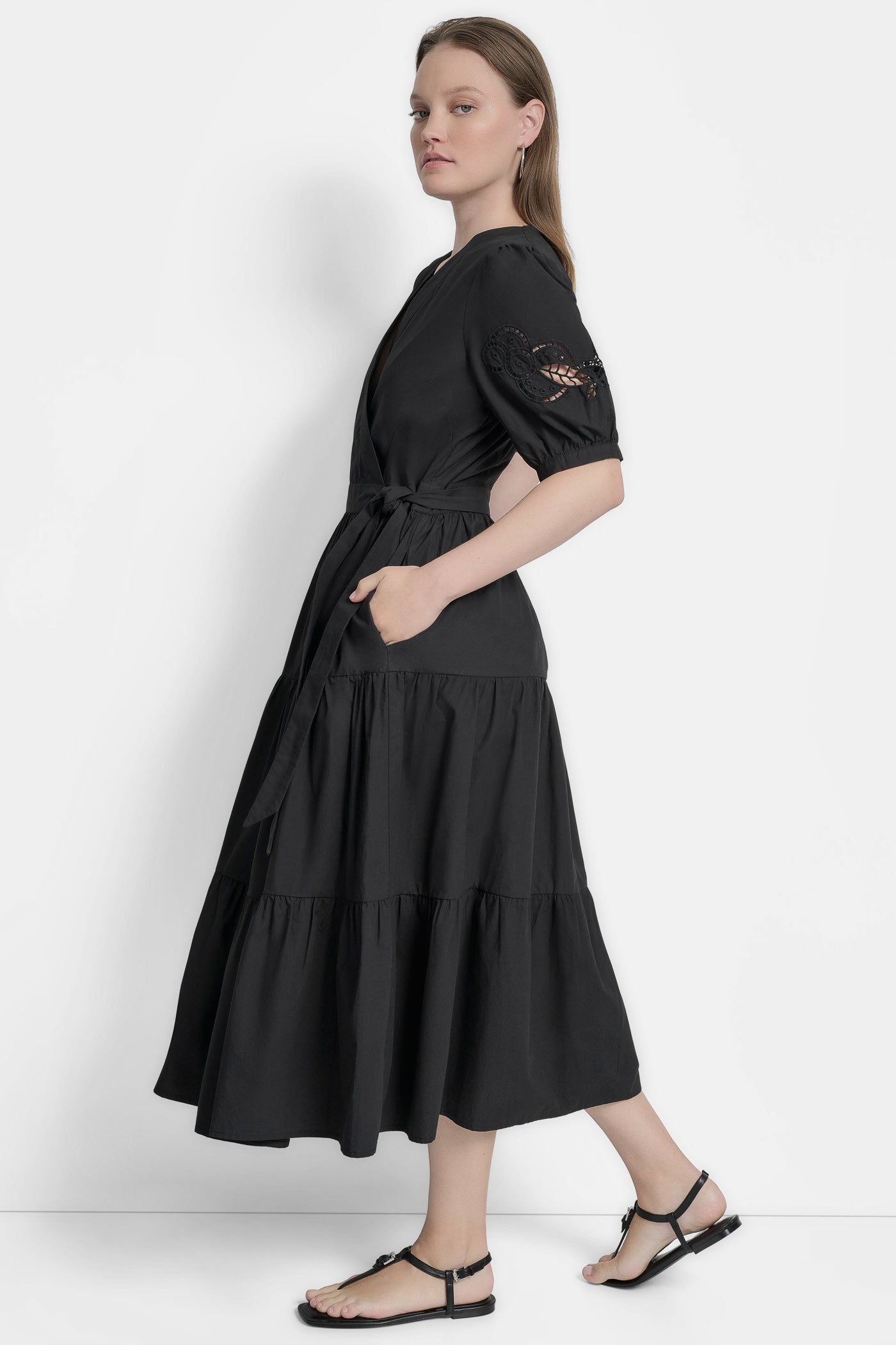 SHORT SLEEVE  TIERED POPLIN LONG DRESS