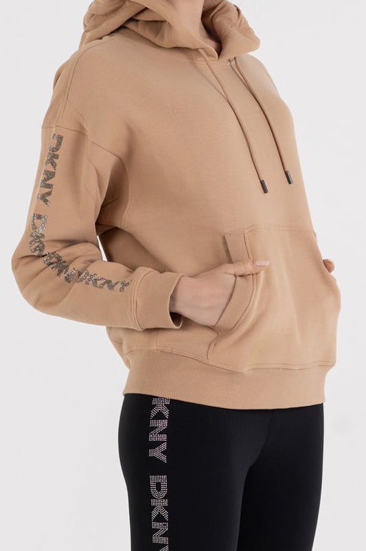 LONG SLEEVE CREW NECK RHINESTONE LOGO HOODIE WITH KANGA POCKET