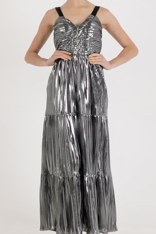 SLEEVELESS FOIL PLISMALL SLEEVEE MAXI DRESS