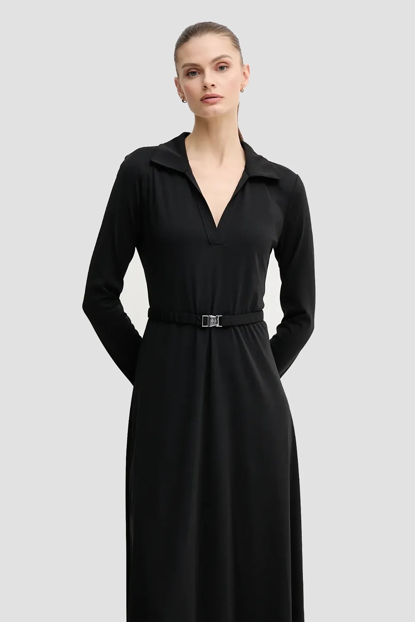 LONG SLEEVE COLLAR NECK MIDI DRESS