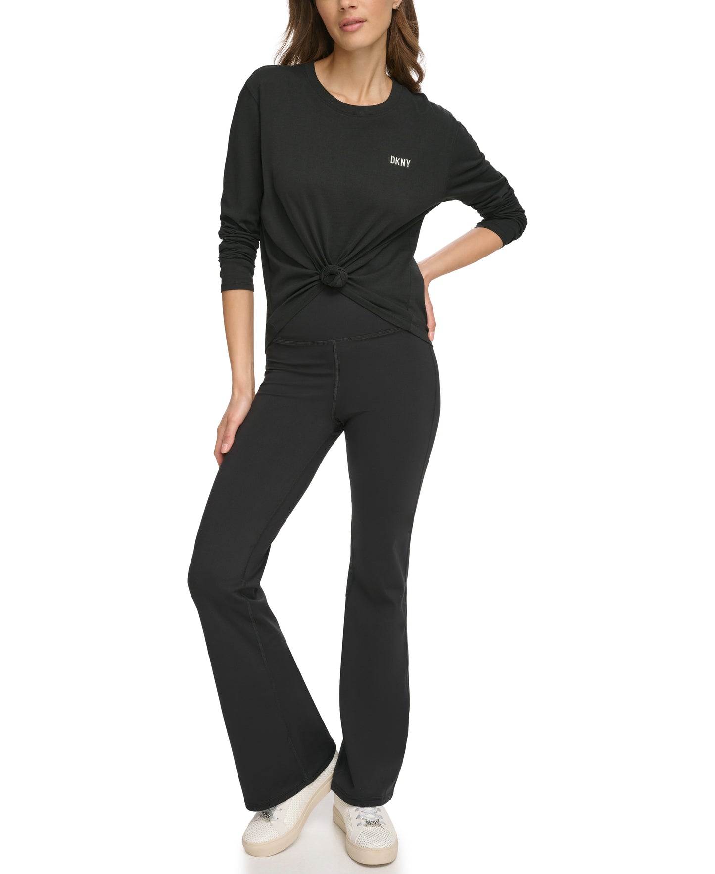 Black Long Sleeve Crew Neck Knot Front T-Shirt With Logo